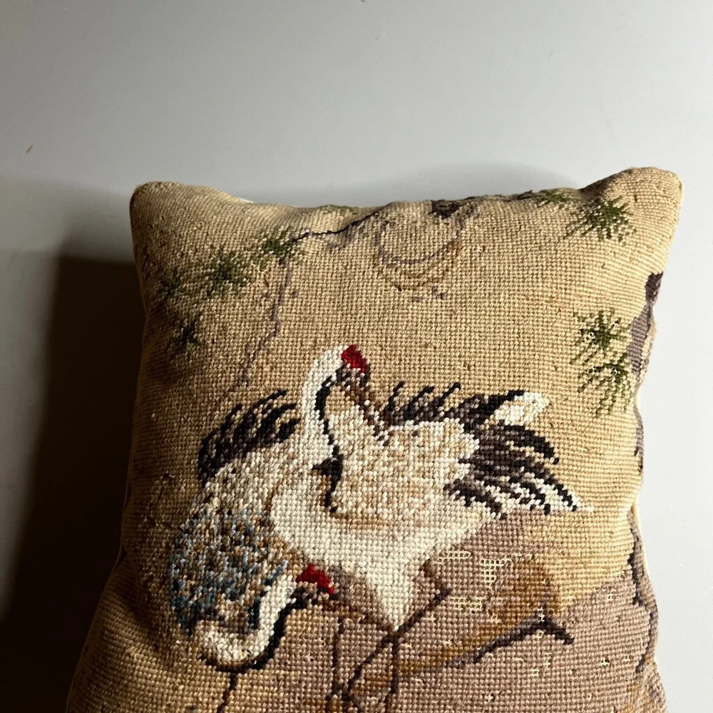 Loie Vintage Needlepoint Crane Bird Throw Pillow Velvet Back 10x10 Decorative